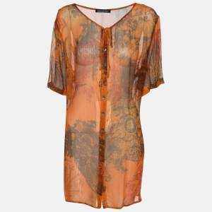 Pre Owned Elena Miro Orange Printed Chiffon Blouse L