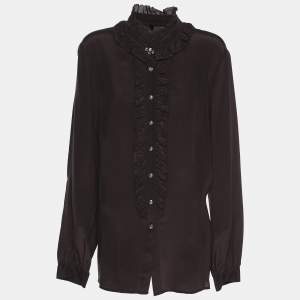 مملوكة مسبقًا Elena Miro Dark Brown Chiffon Ruffle Front Long Sleeve Shirt L