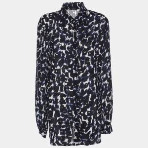 Pre Owned Elena Miro Blue Chiffon Georgette Print Long Sleeve Shirt L