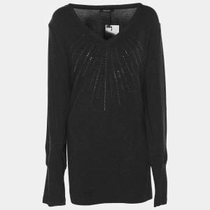 Elena Miro Dark Grey Jersey Embellished V Neck Top XXL