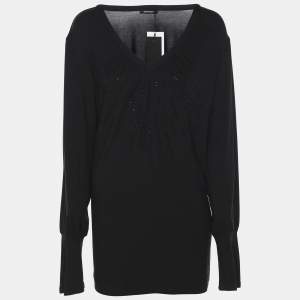 Pre Owned Elena Miro Black Jersey Embellished V Neck Top XXL