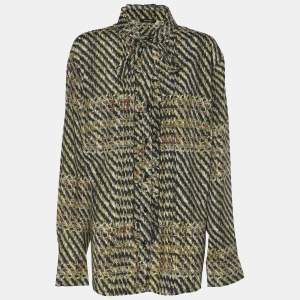 Elena Miro Multicolor Tweed Print Crepe Pintuck Neck Tie Shirt L