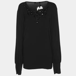 Pre Owned Elena Miro Black Jersey Embellished Long Sleeve Sweater L