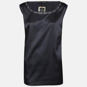 Pre Owned Elena Miro Midnight Blue Satin Crystal Embellished Neck Sleeveless Tops L