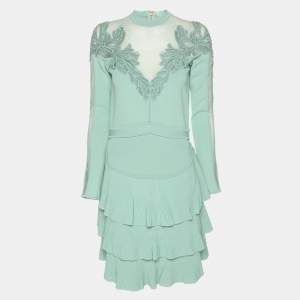 Elie Saab Mint Green Tulle Paneled Stretch Knit Appliquéd Mini Dress S