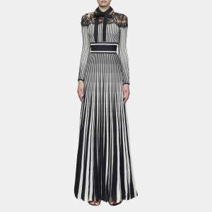 Elie Saab Black & White Knit And Lace Trim Full Sleeve Long Dress M