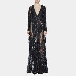 Elie Saab Dark Waves Embellished Fringe Details Long Sleeve Gown M