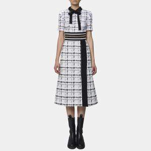 Elie Saab White & Black Tweed Bow Tie Neck Midi Dress S