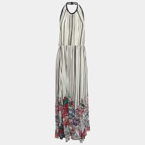 Elie Saab White Striped Floral Printed Chiffon Silk Open Back Maxi Dress XL