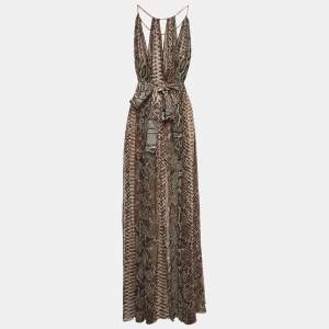 Elie Saab Brown Python Print Chiffon Halter Neck Gown S