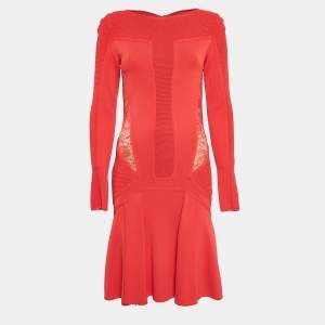 Elie Saab Red Lace Trim Knit Flared Midi Dress S