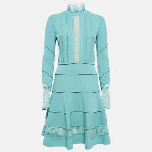 Elie Saab Seamfoam Green Knit Lace Trim Short Dress S