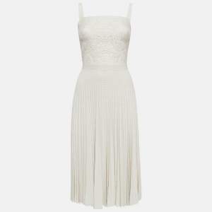 Elie Saab Off-White Jersey Lace Patch and Pleated Mini Dress XS