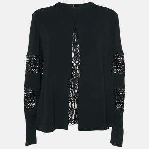 Elie Saab Black Knit & Lace Paneled Long Sleeve Top M