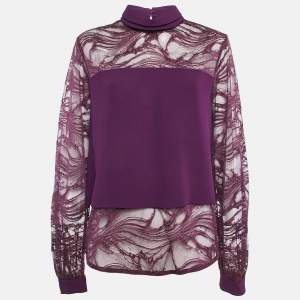 Elie Saab Purple Lace and Crepe High Neck Blouse M