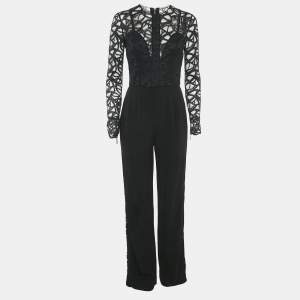 Elie Saab Black Crepe and Lace Full Sleeve Jumpsuit M