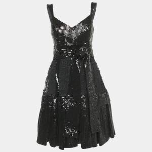 Pre Owned Elie Saab Black Sequin Embroidered Silk Blend Tiered Midi Dress M