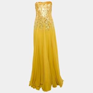 Elie Saab Yellow Embellished Detail Strapless Gown S