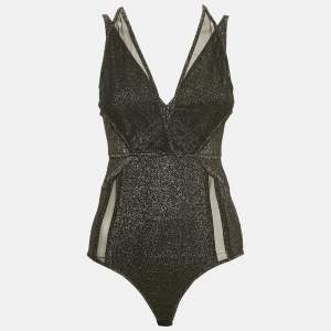 Elie Saab Black Lurex Jersey and Tulle Trim Bodysuit S