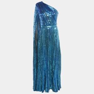 Elie Saab Blue Sequin Embroidered Tulle One Shoulder Gown S