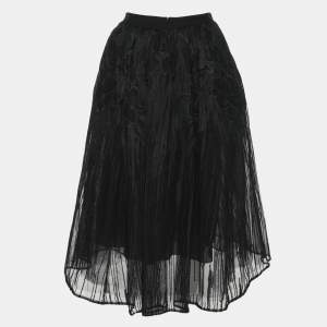 Elie Saab Black Floral Tulle Midi Skirt XS
