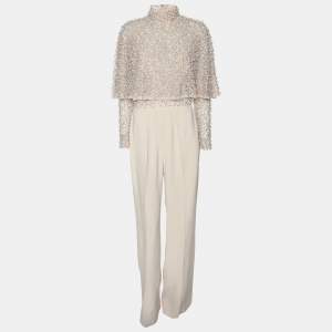Elie Saab Light Beige Crepe and Lace Pearl Embellished Jumpsuit S