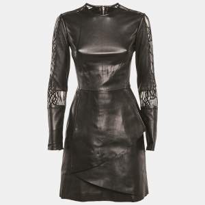 Pre Owned Elie Saab Black Lace Trim Leather Mini Dress XS