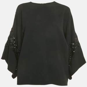 Pre Owned Elie Saab Black Sequin Embroidered Detail Crepe Tunic Blouse S