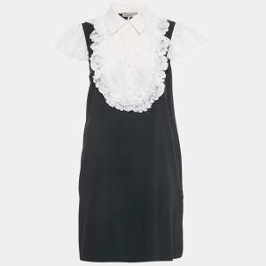 Pre Owned Elie Saab Black/White Lace Trim Crepe Mini Dress M