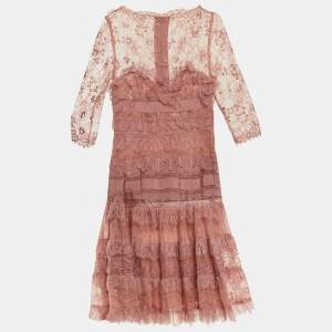 Pre Owned Elie Saab Pink Lace Ruffled Knee Length Dress M