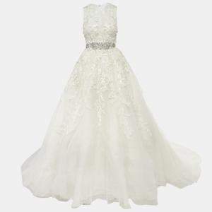 Pre Owned Elie By Elie Saab White Floral Embroidered Tulle Wedding Gown M