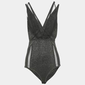 مملوكة مسبقًا Elie Saab Black Lurex Jersey & Tulle Trim Bodysuit S