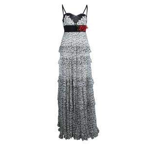 Elie Saab White Lace Detail Polka Dotted Tiered Sleeveless Gown M