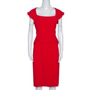 فستان إيلي صعب متوسط كريب مرن أحمر مقاس وسط (ميديوم)