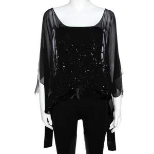 Elie Saab Black Silk Sequin Embellished Sheer Kaftan Top L