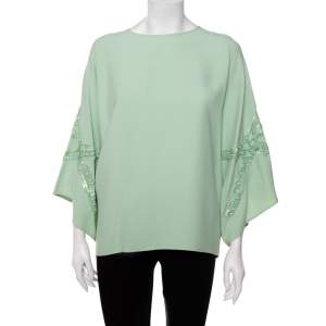 Elie Saab Mint Green Crepe Sequin Embellished Wide Sleeve Detail Top M