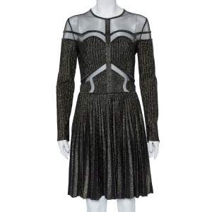 Elie Saab Black Lurex Knit & Tulle Paneled Flared Mini Dress M    