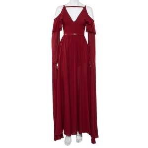 Elie Saab Burgundy Silk Cape Sleeve Detail Cold Shoulder Belted Ruffled Gown XS