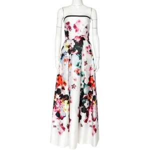 Elie Saab White Floral Printed Sateen Strapless Evening Gown XS 
