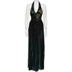 Elie Saab Green Embroidered Lurex Knit & Lace Trim Body Suit & Skirt Set S