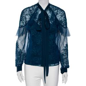 Elie Saab Teal Blue Chantilly Lace Tulle Neck Tie Detail Blouse S 