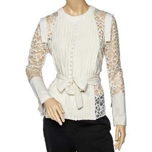 Elie Saab Off White lace & Silk Paneled Pintuck Detail Top S