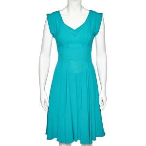 فستان ميدي إيلي صعب كريب أزرق مخضر بطيات مقاس صغير جدًا - إكس سمول