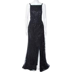 Elie Saab Black Sequin Embellished Tulle High Slit Trail Detail Evening Gown M