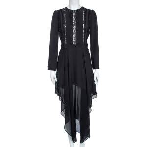 Elie Saab Black Crepe & Lace Trimmed Asymmetrical Hem Midi Dress S