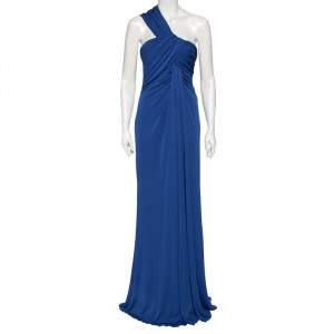 Elie Saab Blue Jersey Draped One Shoulder Gown S 