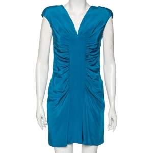 فستان قصير إيلي صعب حرير مكشكش أزرق مقاس متوسط - ميديوم
