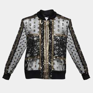 Elie Saab Black & Gold Embroidered Tulle & Lace Inset Bomber Jacket M
