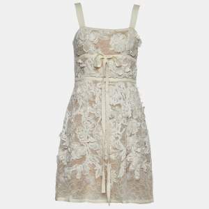 Elie Saab Ivory Embellished Floral Lace & Crepe Mini Dress S