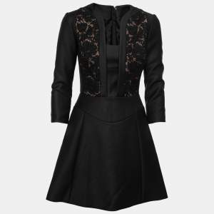 Elie Saab Black Crepe Lace Overlay Knee-Length Dress S
